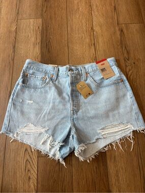 Levi's Light Blue Distressed High-Rise Denim Shorts